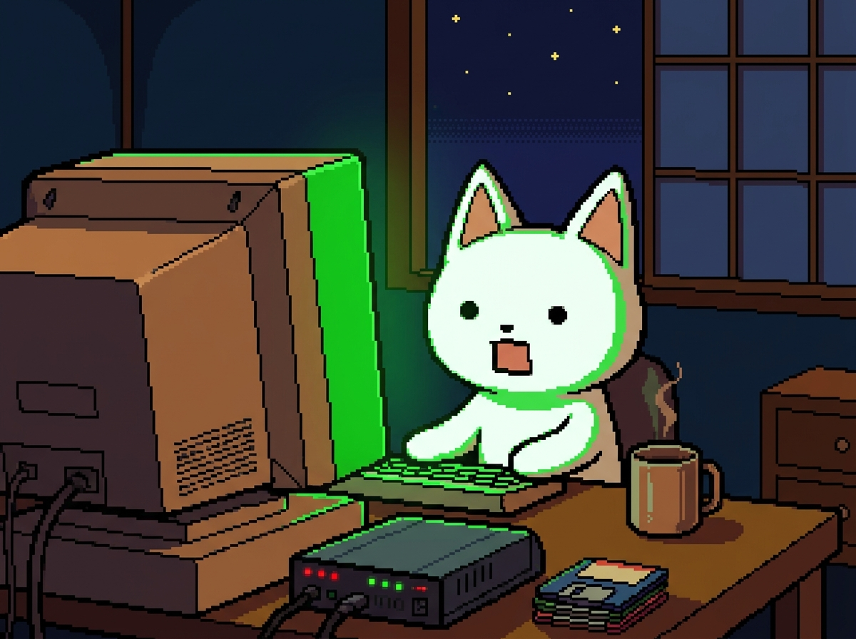 Giko at a glowing CRT computer in 1998